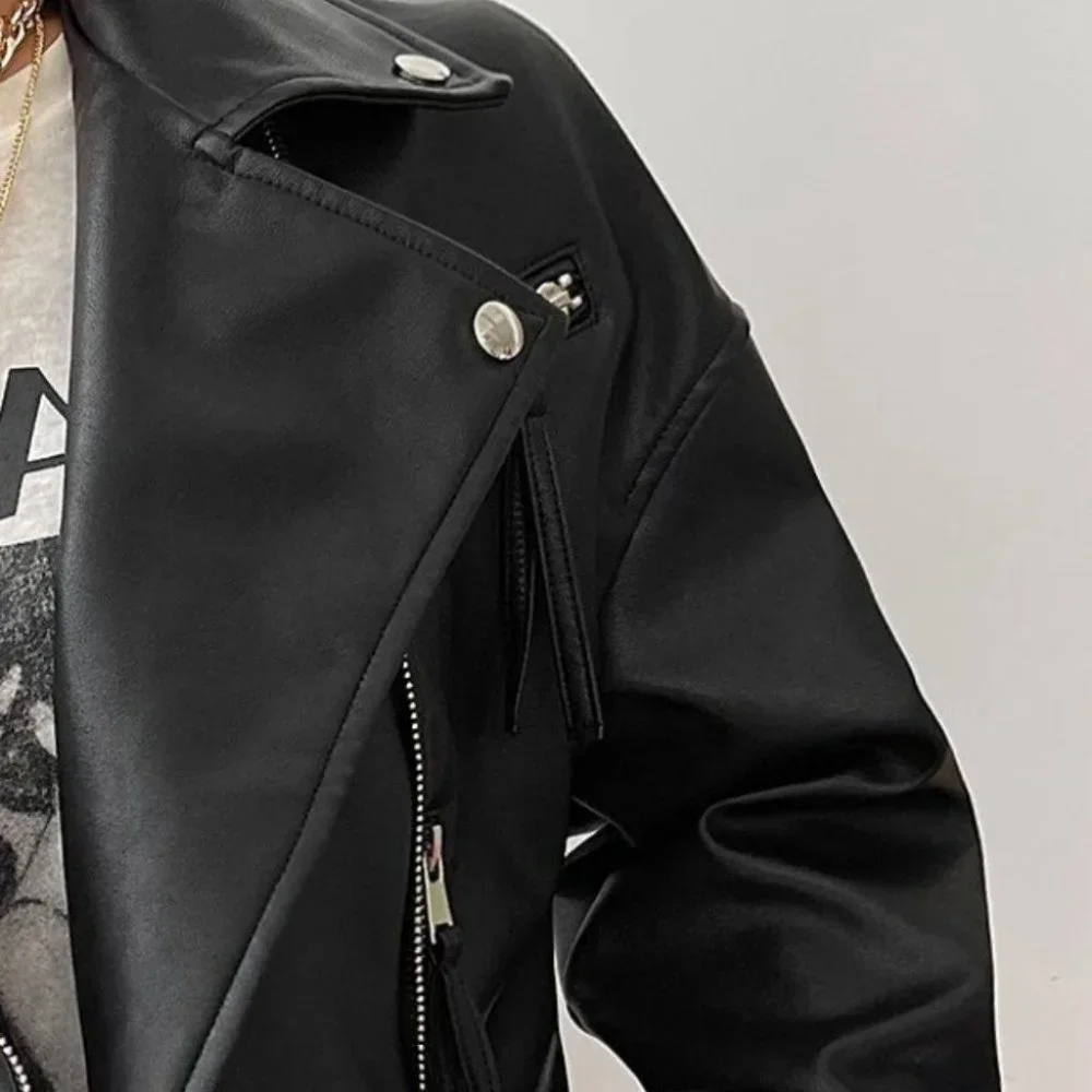 BLACK PU LEATHER ZIPPER BIKER JACKET - Picture 6 of 6